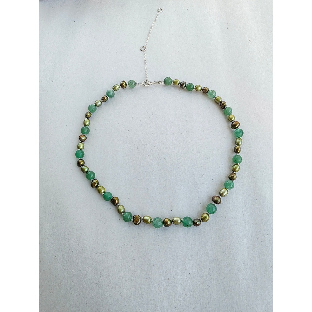 New Handmade Jade Aventurine Pearl Choker Necklace Sterling Silver 925 Green - Picture 2 of 6
